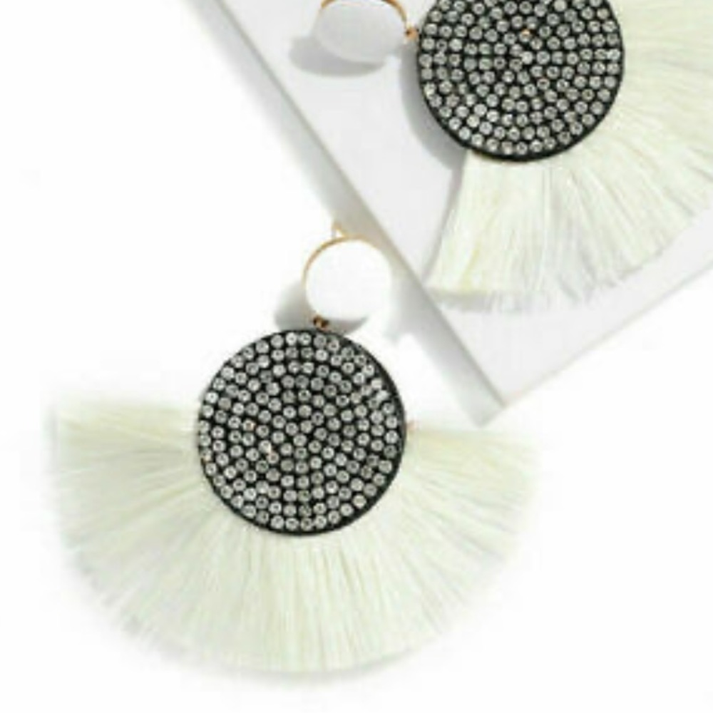 Post Drop Crystal Center White Fan Fringe Earrings